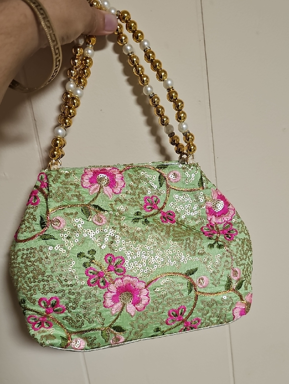 Embroidered Floral Beaded-Handle Evening Bag - Green & Pink